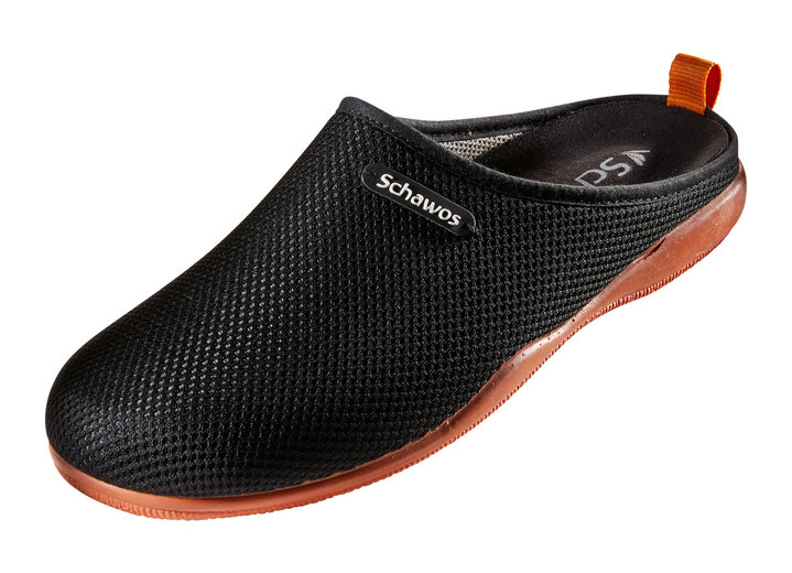 Hausschuhe - Pantoffeln mit rutschhemmender Synthetik-Laufsohle, in Größe 036 bis 041, in Farbe SCHWARZ-ORANGE Ansicht 1