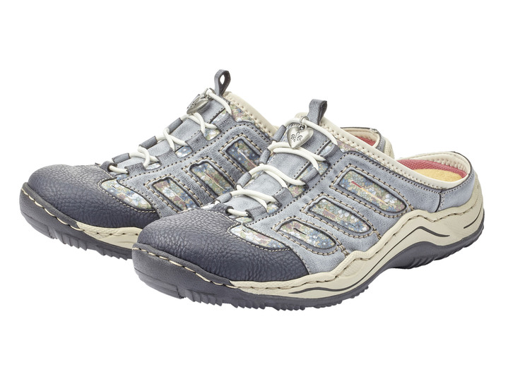 Sandaletten & Pantoletten - Rieker, klassische Damen-Clogs, mit Elastik-Zierschnürung, in Größe 036 bis 043, in Farbe JEANS-BEIGE Ansicht 3