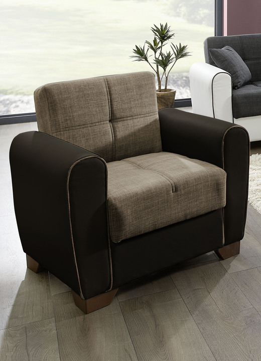 Funktions-Polstermöbel - Polstermöbel mit Bettfunktion und Bettkasten, in Farbe BRAUN-BEIGE, in Ausführung Sessel Ansicht 1