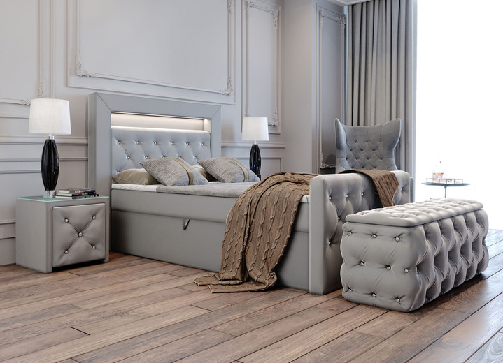 Betten - Boxspringbett mit LED-Beleuchtung, Topper und Nachttisch, in Farbe DUNKELBLAU Ansicht 2