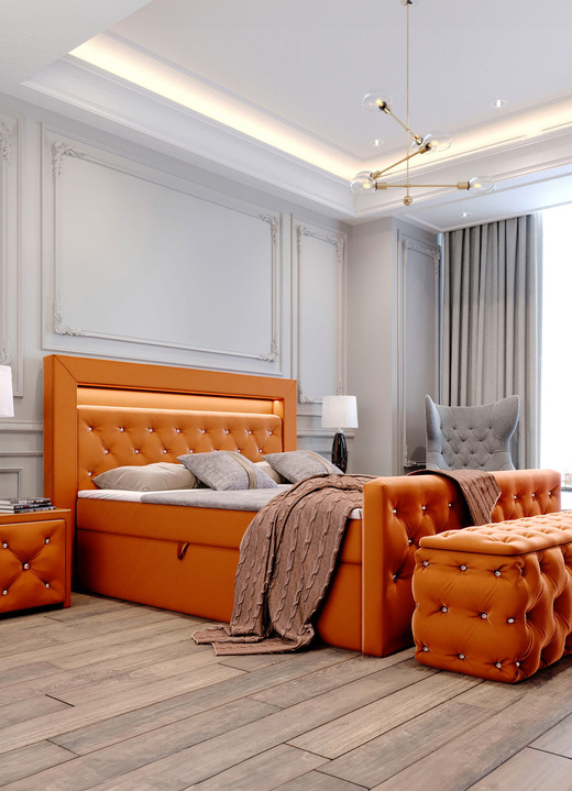 Betten - Boxspringbett mit LED-Beleuchtung und Topper, in Farbe DUNKELBLAU Ansicht 2