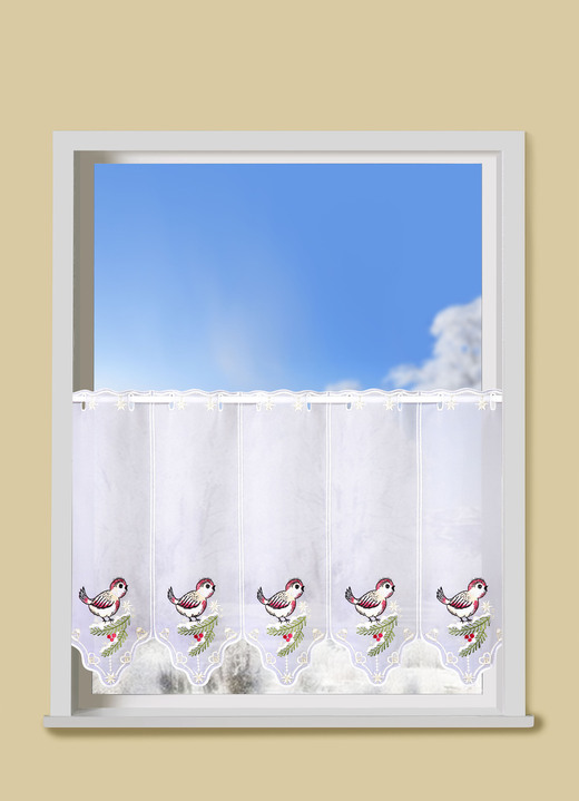 Landhaus & Küche - Bezaubernder Kurzstore mit echter Plauener Stickerei , in Größe 661 (H30xB 95 cm) bis 829 (H50xB160 cm), in Farbe WEISS-BUNT