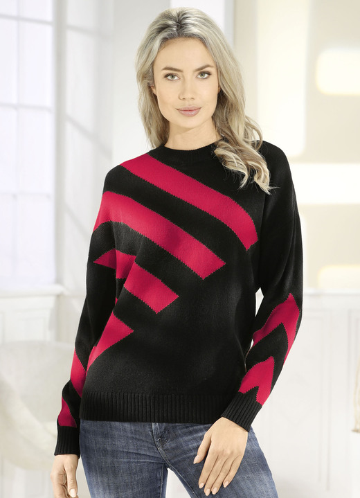 Pullover - Pullover mit Intarsienmuster Pullover - Pullover mit Intarsienmuster, in Größe 036 bis 052, in Farbe SCHWARZ-ROT