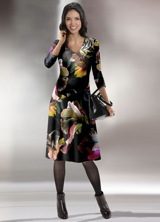 Damenmode - Kleid mit V-Ausschnitt, in Größe 036 bis 552, in Farbe SCHWARZ-BUNT