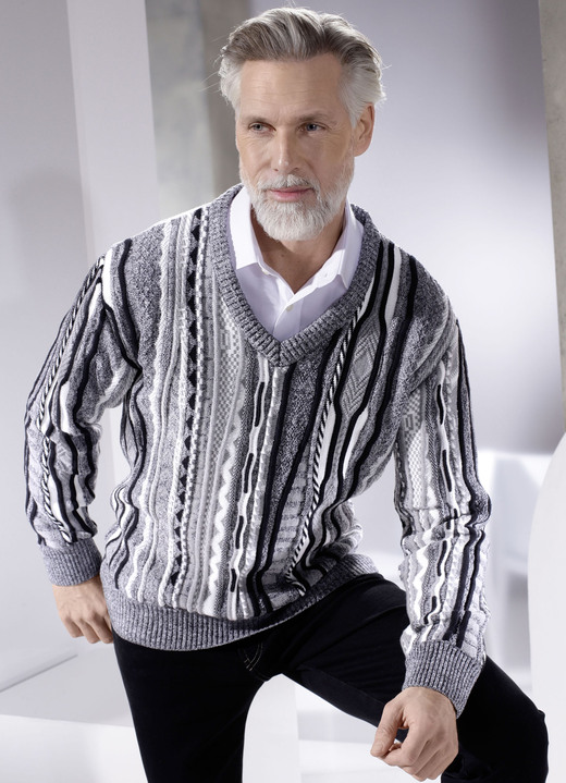 Hemden, Pullover & Shirts - Pullover mit V-Ausschnitt, in Größe 046 bis 062, in Farbe GRAU MELIERT-WEISS-SCHWARZ