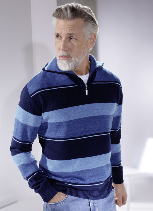 Hemden, Pullover & Shirts - Troyer mit kurzem Reißverschluss in 2 Farben, in Größe 044 bis 062, in Farbe MARINE-JEANSBLAU GESTREIFT Ansicht 1