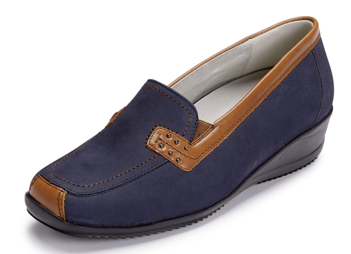 Komfortschuhe - Waldläufer, bequeme Damen-Slipper, Weite H, mit herausnehmbarem Fußbett, in Größe 3 1/2 bis 8, in Farbe COGNAC-BLAU Ansicht 10