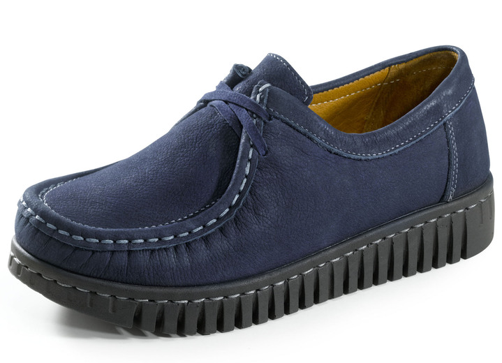 Komfortschuhe - Mokassin-Schnürschuh aus Rind-Nubukleder Komfortschuhe - Mokassin-Schnürschuh aus Rind-Nubukleder, in Größe 036 bis 041, in Farbe MARINE