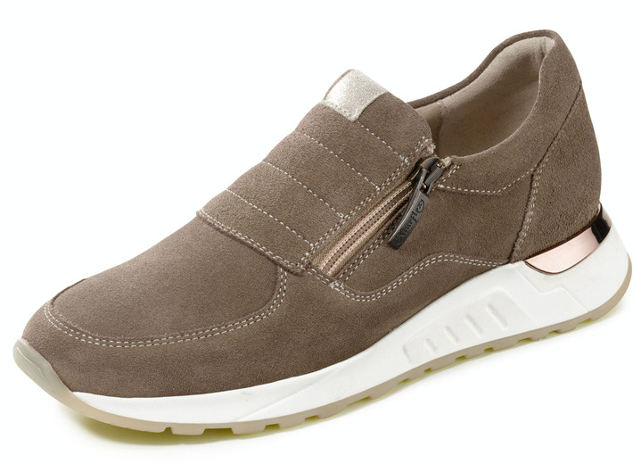 Komfortschuhe - Slipper aus weichem Velourleder, in Größe 036 bis 042, in Farbe TAUPE Ansicht 1