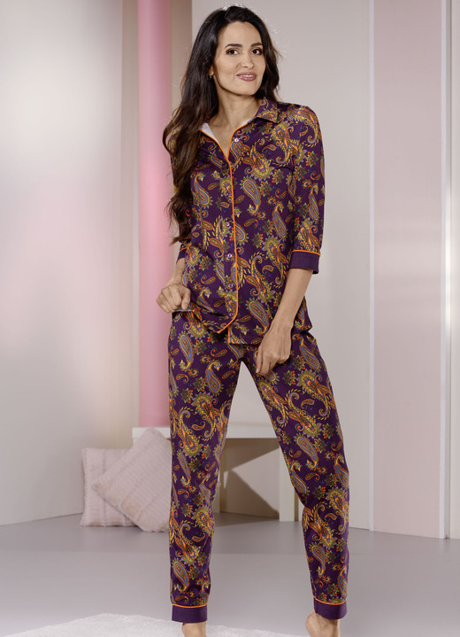 Schlafanzüge & Shortys - Laurina Schlafanzug mit durchgehender Knopfleiste, in Größe 036 bis 054, in Farbe PFLAUME-BUNT
