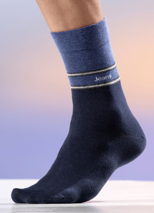 Unterwäsche - Fünferpack Socken mit druckfreiem Bund, in Größe 001 (Schuhgröße 39-42) bis 2 (Schuhgröße 43-46), in Farbe 3X MARINE-JEANSBLAU, 2X JEANSBLAU-MARINE Ansicht 1