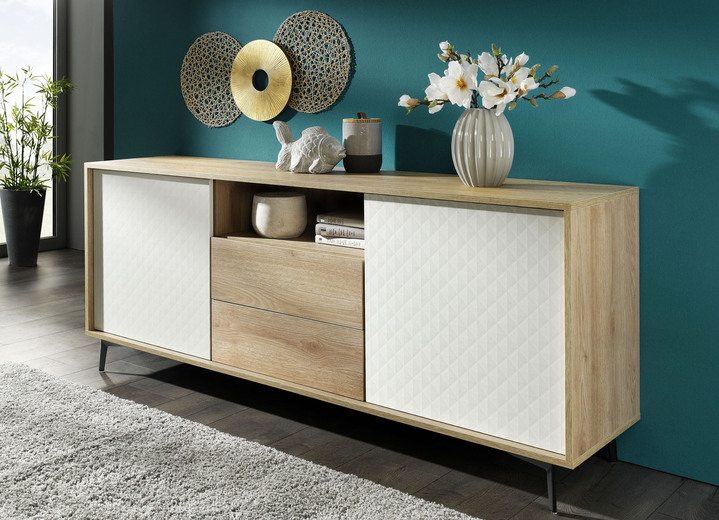 - Elegantes Sideboard mit Push-to-open-System, in Farbe EICHE-WEISS, in Ausführung 3-türig