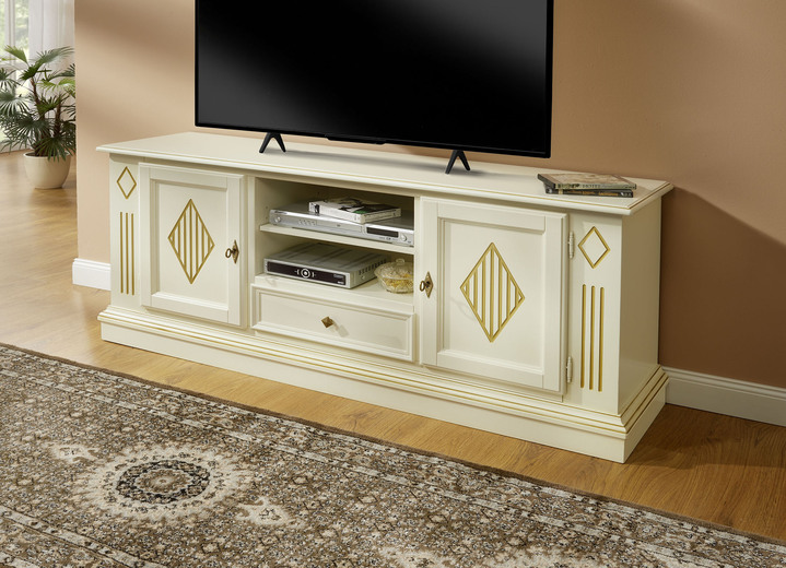 Hifi- &  TV-Möbel - TV-Longboard mit kunstvollen Verzierungen und Echtholzfurnier, in Farbe CREME-GOLD