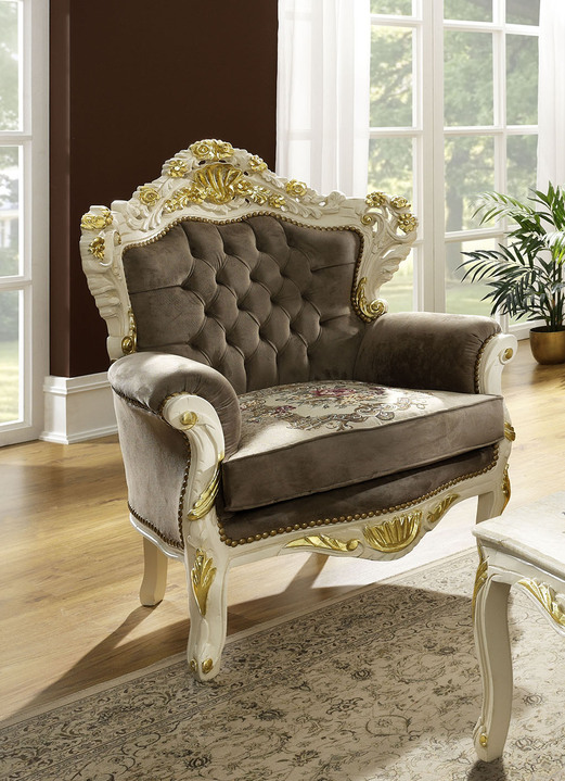 Polstermöbel - Schmuckvoller Sessel mit weiß-goldfarbener Lackierung, in Farbe WEISS-GOLD, in Ausführung Sessel