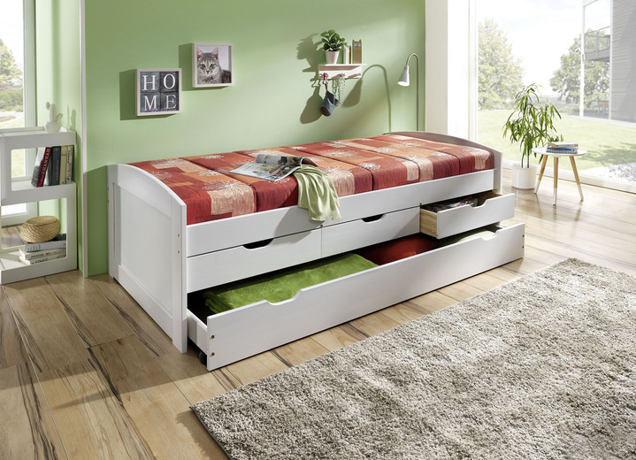 - Funktionsbett aus massivem Kiefernholz, in Farbe WEISS