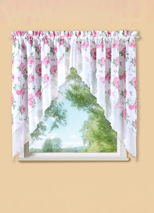 Heimtextilien - 2-teiliger Fensterbehang mit Rosenmotiv, in Größe 878 (80x80 cm) bis 892 (145x120 cm), in Farbe WEISS-ROSE Ansicht 1