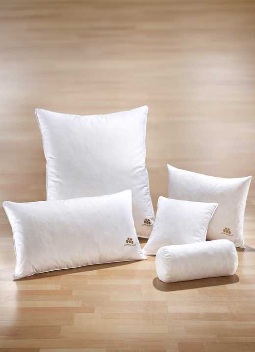 Bettwaren - Kissenserie mit goldfarbener Satin-Biese, in Größe 120 (80/80 cm) bis 124 (Nackenrolle, 15/40 cm), in Farbe WEISS, in Ausführung Qualität I: 100% Federn Ansicht 2