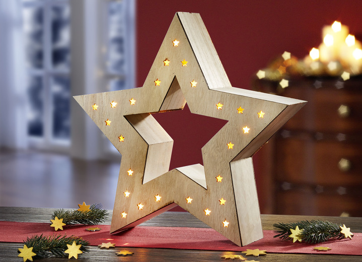Weihnachtliche Dekorationen - Holz-Stern mit Beleuchtung, in Farbe NATUR