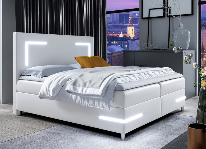Betten - Boxspringbett mit LED-Beleuchtung und Topper, in Farbe WEISS Ansicht 1