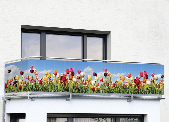 Sichtschutz und Sonnenschutz - Balkon-Bespannung mit eingearbeiteten Metall-Ösen, in Farbe BUNT, in Ausführung Balkon-Bespannung Tulpenwiese Ansicht 1