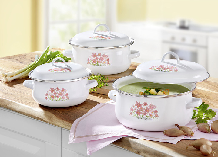 Töpfe, Pfannen & Bräter - Emaille-Topfset-Set bestehend aus 3 Kochtöpfen, in Farbe SOMMERBLUMEN