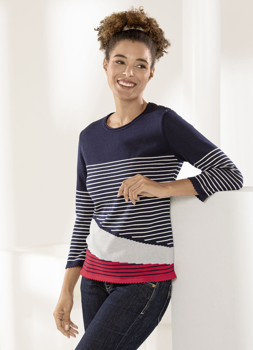 Pullover - Pullover mit Intarsien, in Größe 038 bis 054, in Farbe MARINE-WEISS-MULTICOLOR