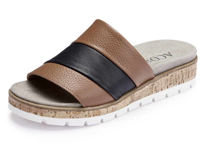 Komfortschuhe - ELENA EDEN, bequeme Damen-Pantoletten, Weite G, mit herausnehmbarem Fußbett, in Größe 035 bis 042, in Farbe COGNAC-SCHWARZ Ansicht 1