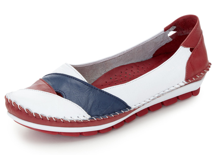 Komfortschuhe - Gemini Mokassin-Slipper mit dezenter Knitter-Struktur, in Größe 036 bis 042, in Farbe WEISS-ROT-MARINE Ansicht 1
