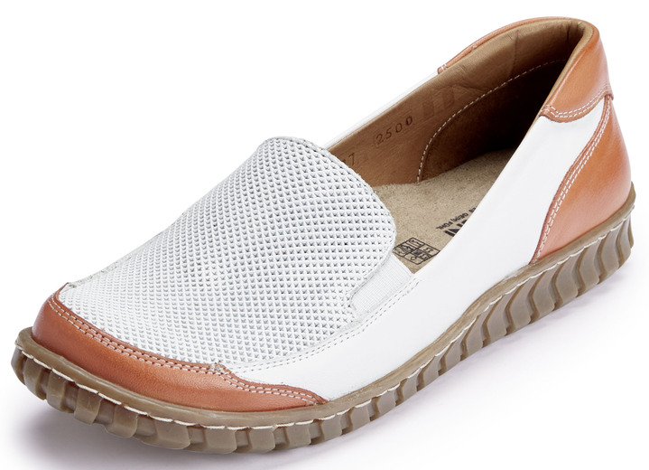 Komfortschuhe - Gemini Slipper mit seitlich eingesetzten Gummizügen, in Größe 036 bis 042, in Farbe WEISS-ORANGE Ansicht 1