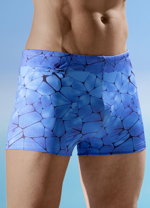 Bademode - Badehose in höherer Kastenform mit Reißverschlusstasche Bademode - Badehose in höherer Kastenform mit Reißverschlusstasche, in Größe 004 bis 013, in Farbe BLAU-SCHWARZ