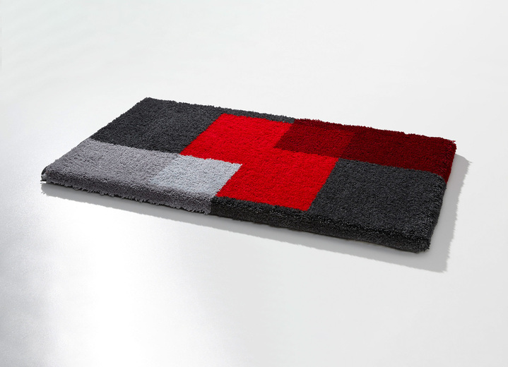 Heimtextilien - Badgarnitur von Grund mit rutschhemmender Rückseite, in Größe 100 (Vorleger halbrund, 50/ 80 cm) bis 112 (WC-Deckelbezug, 47/ 50 cm), in Farbe ROT-GRAU Ansicht 1