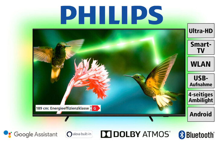 Fernseher - Philips 4K-Ultra-HD-Ambilight-Mini-LED-Fernseher, in Farbe SCHWARZ Ansicht 1
