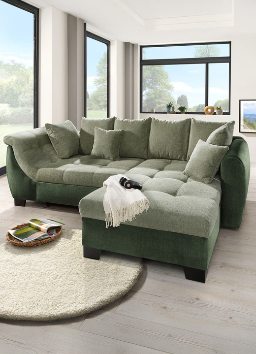 Funktions-Polstermöbel - Bequeme Polsterecke mit Bettfunktion, in Farbe DUNKELGRÜN-GRÜN Ansicht 1
