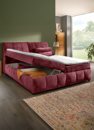 Betten - Boxspringbett mit Stauraum im Kopfteil und Bettkasten – Farbe BORDEAUX Betten - Boxspringbett mit Stauraum im Kopfteil und Bettkasten, in Farbe BORDEAUX