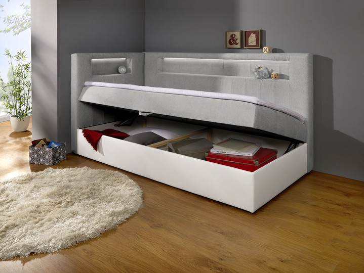 Betten - Boxspringbett mit integrierter LED-Beleuchtung, in Farbe WEISS-SILBER, in Ausführung Mit Kopfteil Ansicht 1