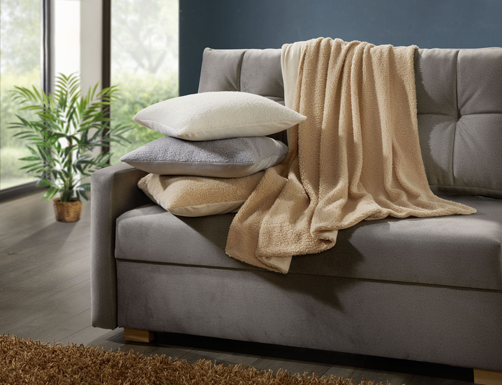 Decken - Decken und Kissen mit flauschig weicher Teddy-Vorderseite, in Größe 205 (Wohndecke, 130x170 cm) bis 905 (Kissenbezug, 48x 48 cm), in Farbe CREME Ansicht 2