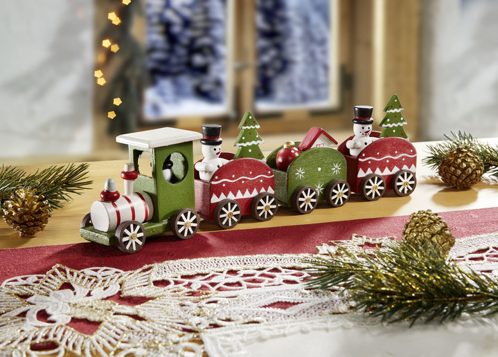 Weihnachtliche Dekorationen - Bemalte Holzeisenbahn, in Farbe GRÜN-ROT-WEISS