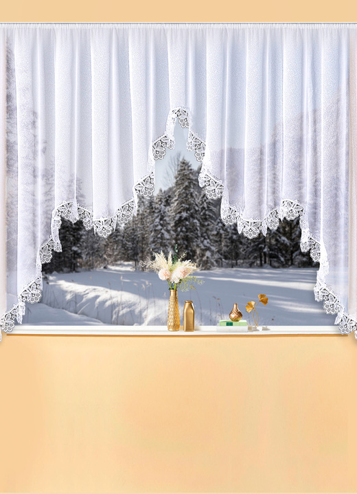 Klassisch - M-Bogen-Store aus echter Plauener Spitze, in Größe 065 (H125xB300 cm) bis 110 (H145xB750 cm), in Farbe WEISS Ansicht 3