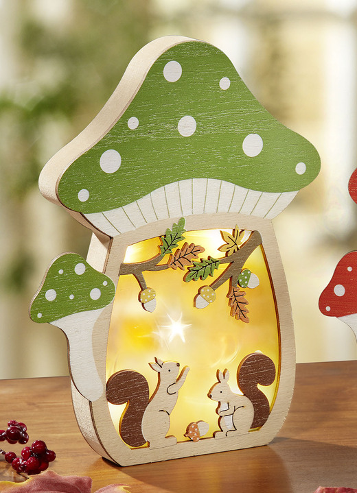 Wohnaccessoires - Beleuchtetes Pilz-Haus, batteriebetrieben, in Farbe ROT-GRÜN, in Ausführung Mit Igel-Motiv und rotem Dach Ansicht 3