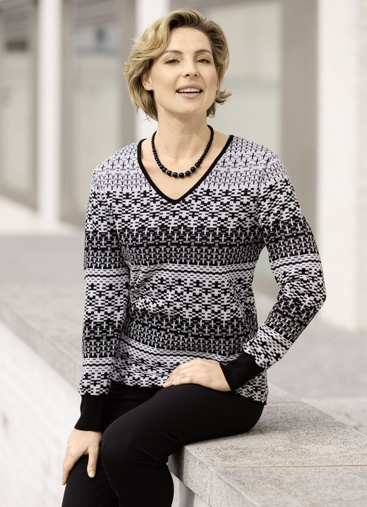 Mode - Pullover in Jacquard-Dessin Mode - Pullover in Jacquard-Dessin, in Größe 036 bis 052, in Farbe SCHWARZ-WEISS