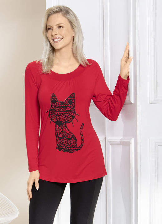 Shirts - Shirt mit Katzen-Motiv in 2 Farben, in Größe 038 bis 056, in Farbe ROT Ansicht 1