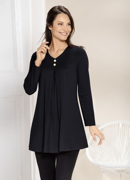 Longshirts - Longshirt mit Kellerfalte im Vorderteil in 2 Farben, in Größe 038 bis 056, in Farbe SCHWARZ Ansicht 1