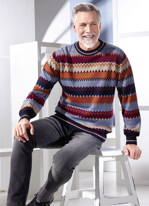 Herrenmode - Schicker Rundhalspullover, in Größe 046 bis 062, in Farbe JEANSBLAU-BORDEAUX-CAMEL-TERRAKOTTA