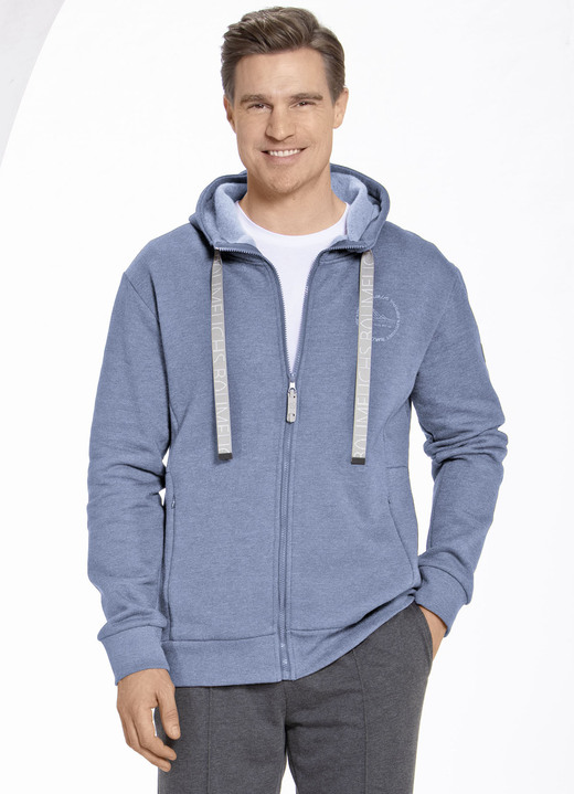 Sport- & Freizeitmode - Sweatjacke mit Kapuze in 2 Farben, in Größe 3XL (58) bis XXL (56), in Farbe RAUCHBLAU MELIERT Ansicht 1