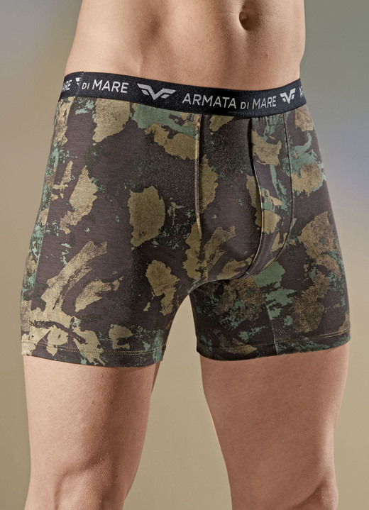 Unterwäsche - Dreierpack Pants in Camouflage-Optik, mit Elastikbund, in Größe 004 bis 010, in Farbe BRAUN-OLIV-CAMEL