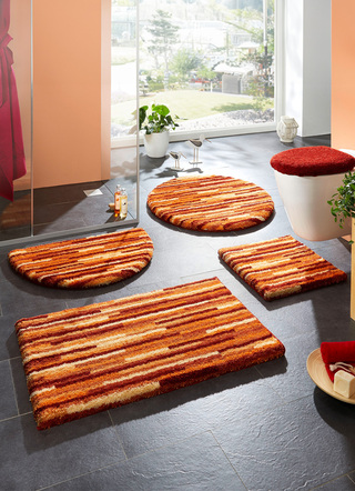 Heimtextilien - Badgarnitur  mit rutschhemmender Rückseite, in Größe 100 (Vorleger halbrund, 50/ 80 cm) bis 112 (WC-Deckelbezug, 47/ 50 cm), in Farbe BLAU – Farbe TERRA – Ansicht 