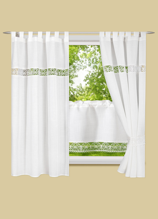 Landhaus & Küche - Seitenschal mit feiner Schmetterlingsstickerei-Bordüre, in Größe 365 (H145xB135 cm) bis 456 (H245xB135 cm), in Farbe CREME, in Ausführung Mit Universalschienenband Ansicht 3