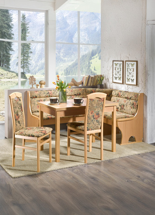 Essgruppen - Esszimmermöbel aus massiven Buchenholz, in Farbe NUSSBAUM-ROT, in Ausführung Eckbankgruppe, 4-teilig, groß – Farbe BUCHE-BRAUN – Ansicht 