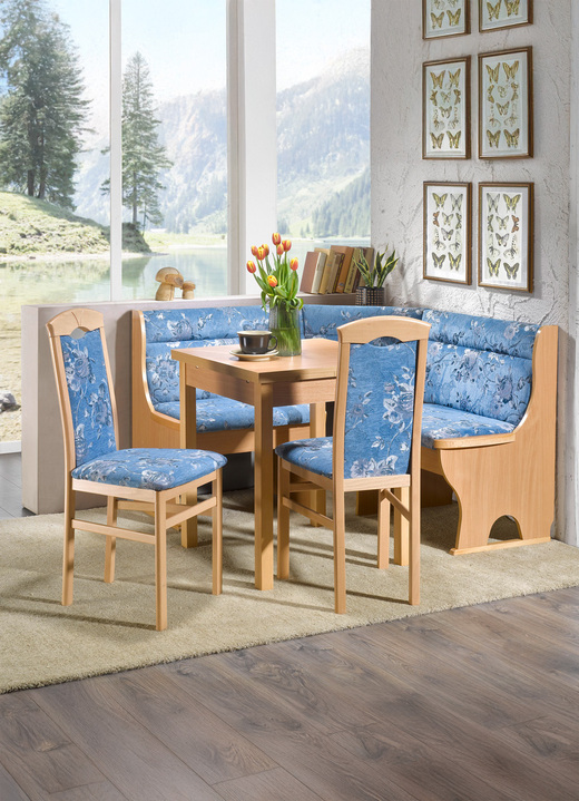 Essgruppen - Esszimmermöbel aus massiven Buchenholz, in Farbe BUCHE-BLAU, in Ausführung Eckbankgruppe, 4-teilig, klein Ansicht 1