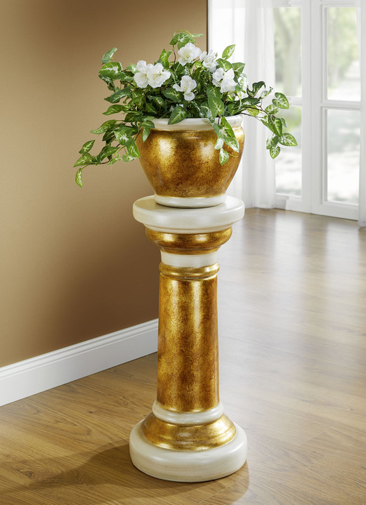 Wohnaccessoires - Handbemalte Säule mit Übertopf mit echter Blattgold-Auflage, in Farbe BEIGE-GOLD